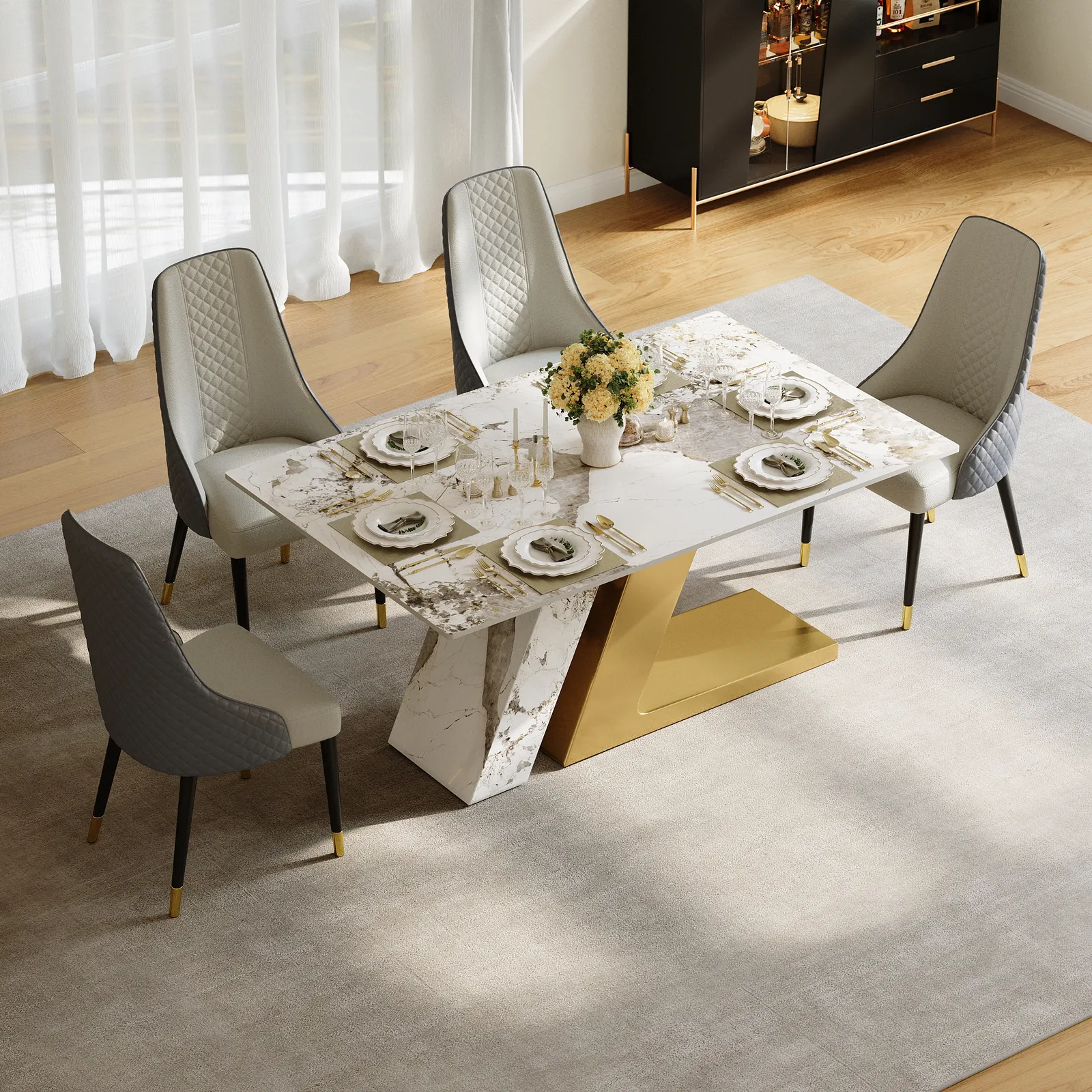 Modern 1600mm Rectangle Sintered Stone Dining Table with 4 Chairs in Gold
