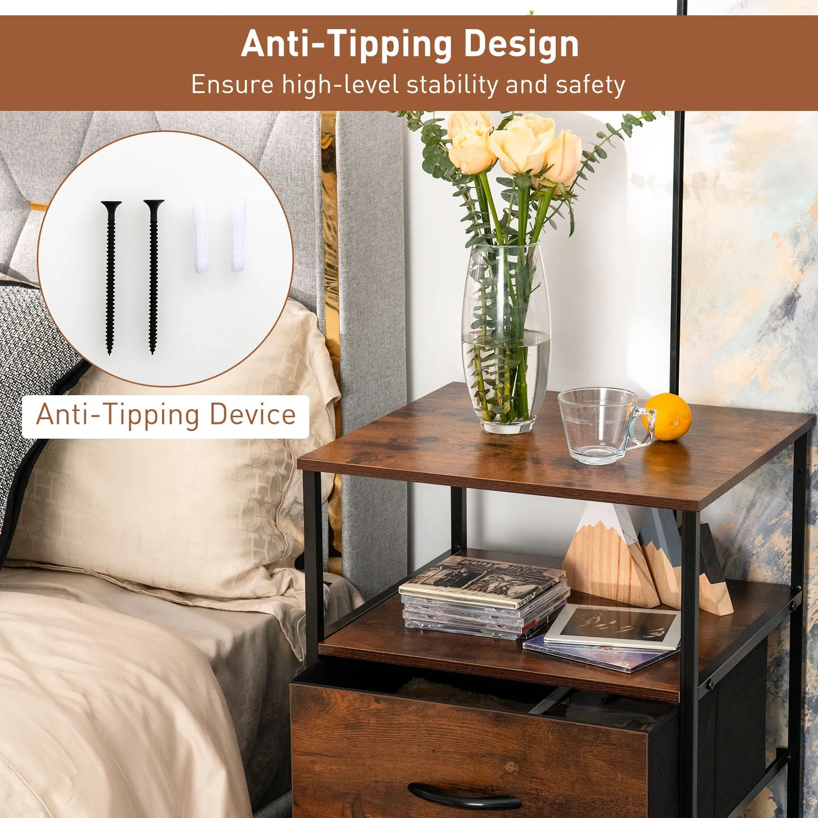 Costway Industrial 2-Drawer Storage Cabinet Dresser Organizer Removable Fabric Drawers in Brown 5