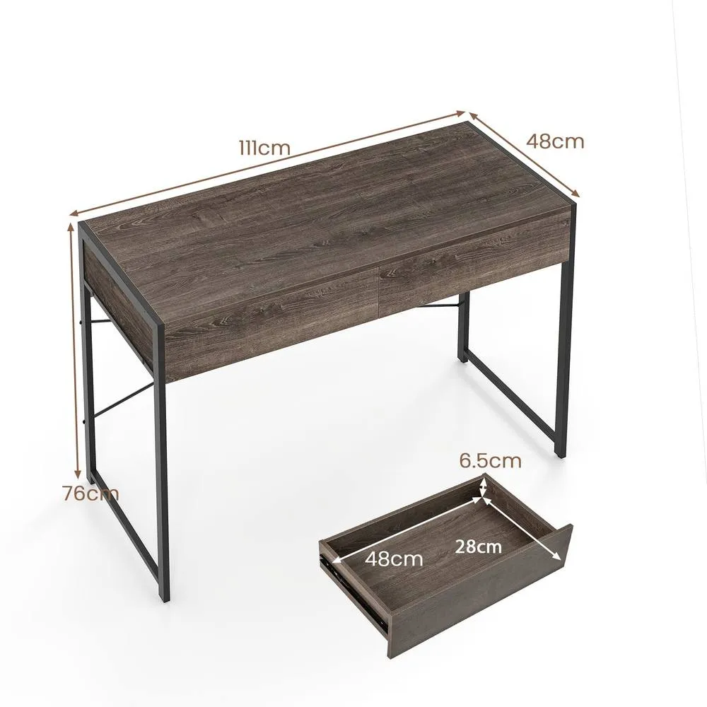 Costway Computer Desk Compact Writing Desk with 2 Drawers in Grey 2