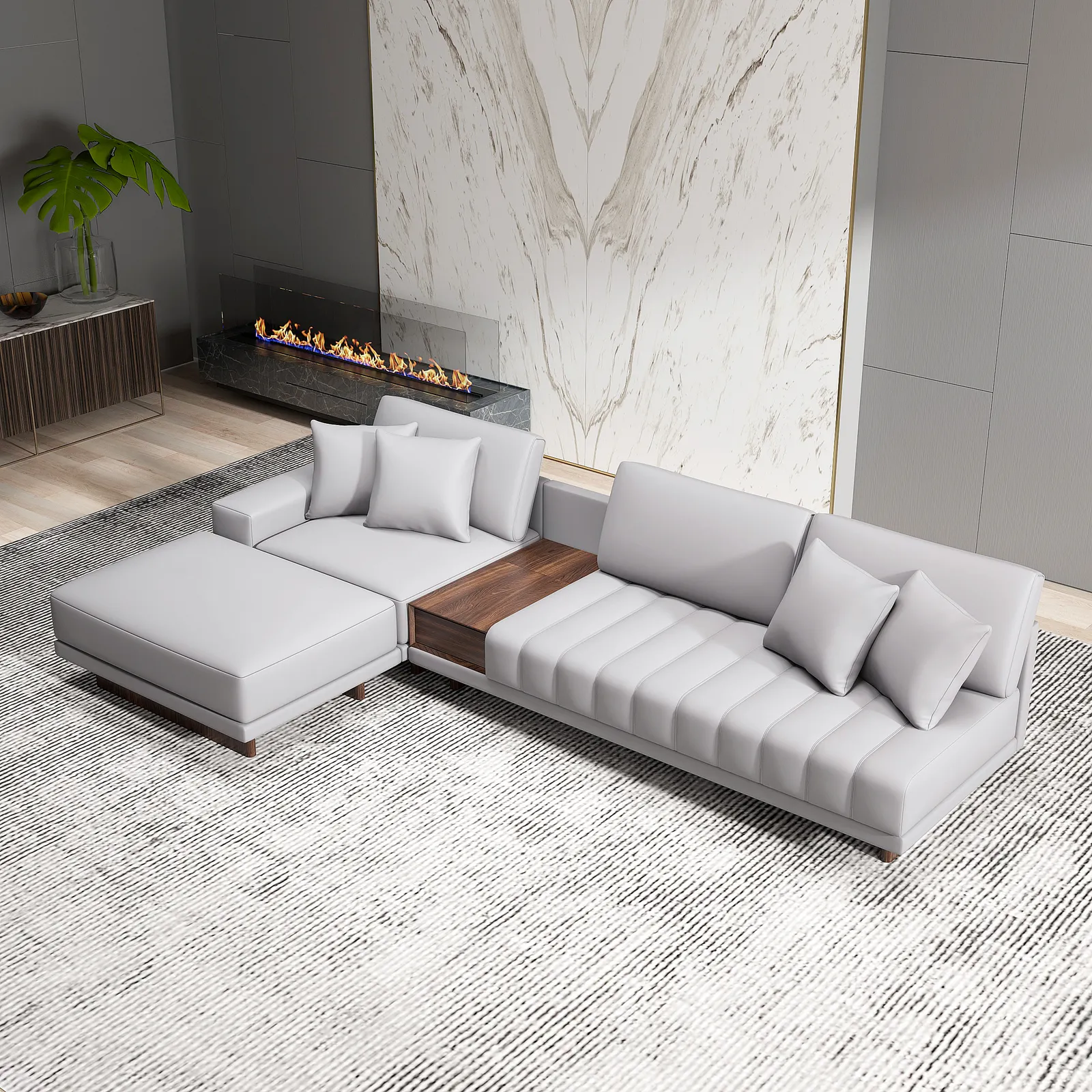 3200 mm L-Shaped Grey Modular Sectional Sofa with Storage Side Table and Ottoman