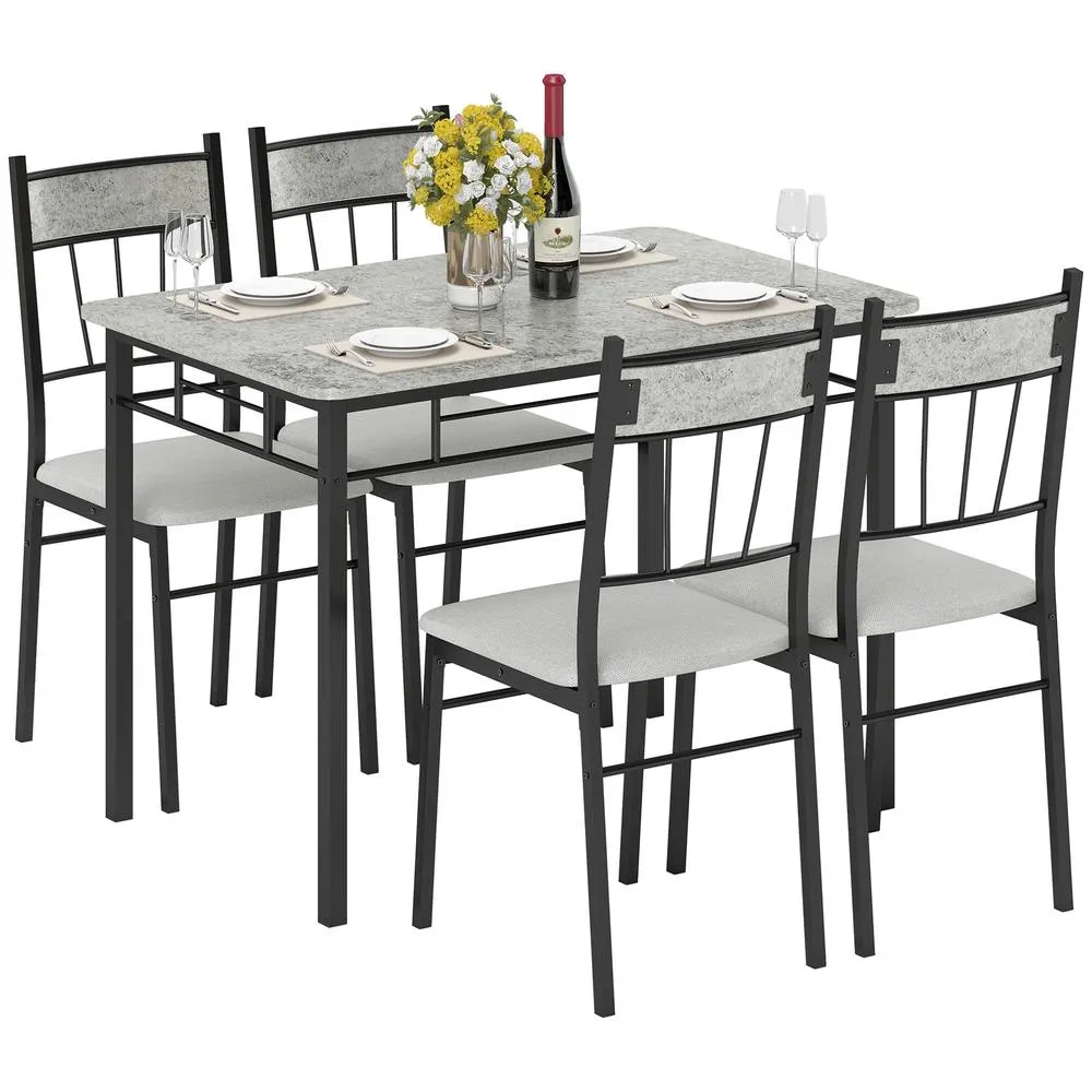 HOMCOM Modern Dining Table & Chairs Set 4 with Padded Seat Metal Frame in Light Grey