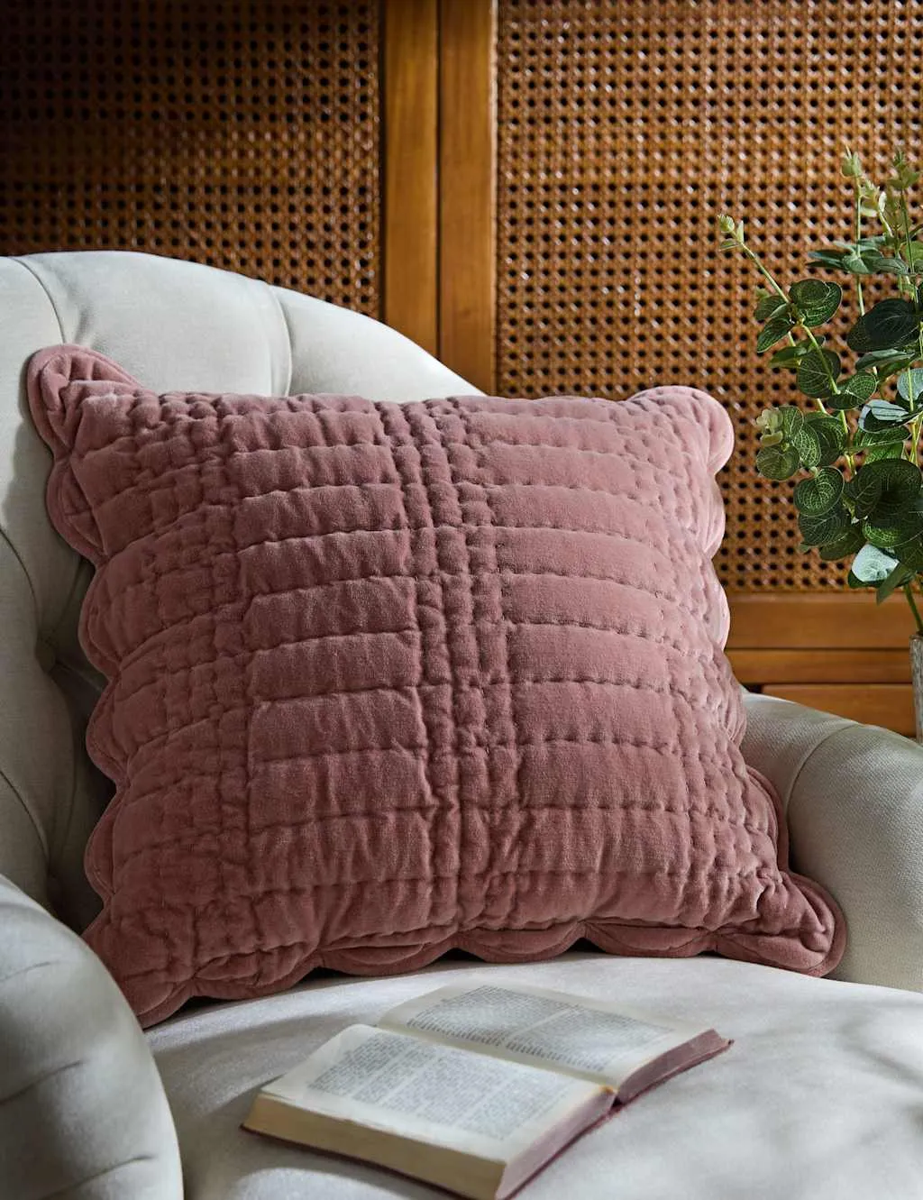 Laura Ashley Velvet Scalloped Cushion Light Pink