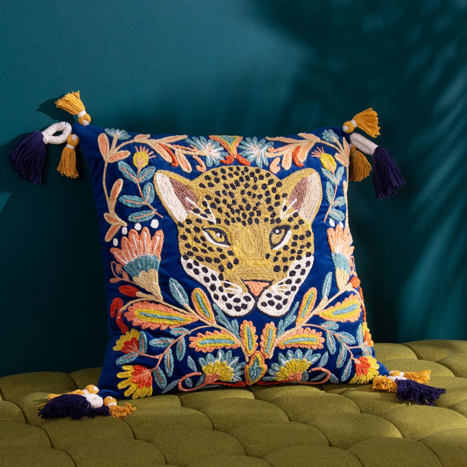 Wylder Tropics Regal Leopard Embroidered 100% Cotton Velvet Cushion in Blue