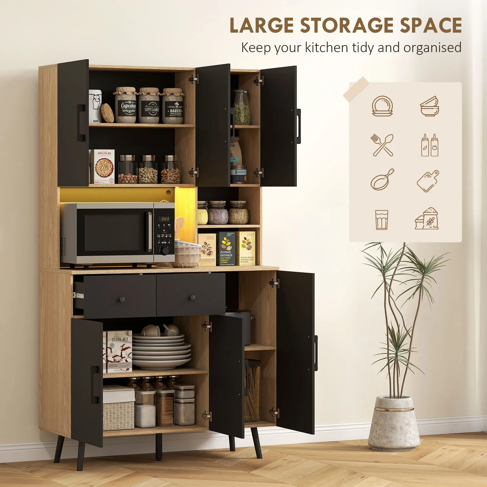 HOMCOM Tall Kitchen Cupboard with LED Lights & Adjustable Shelves, Oak in Black 6