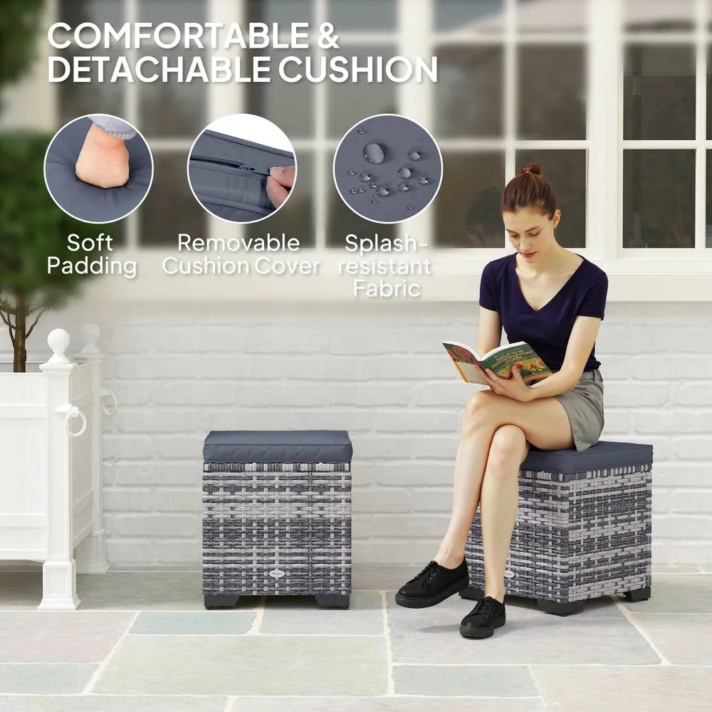 OUTSUNNY Set of 2 Rattan Footstool, Storage Ottoman w/ Cushions, Dark Grey 6
