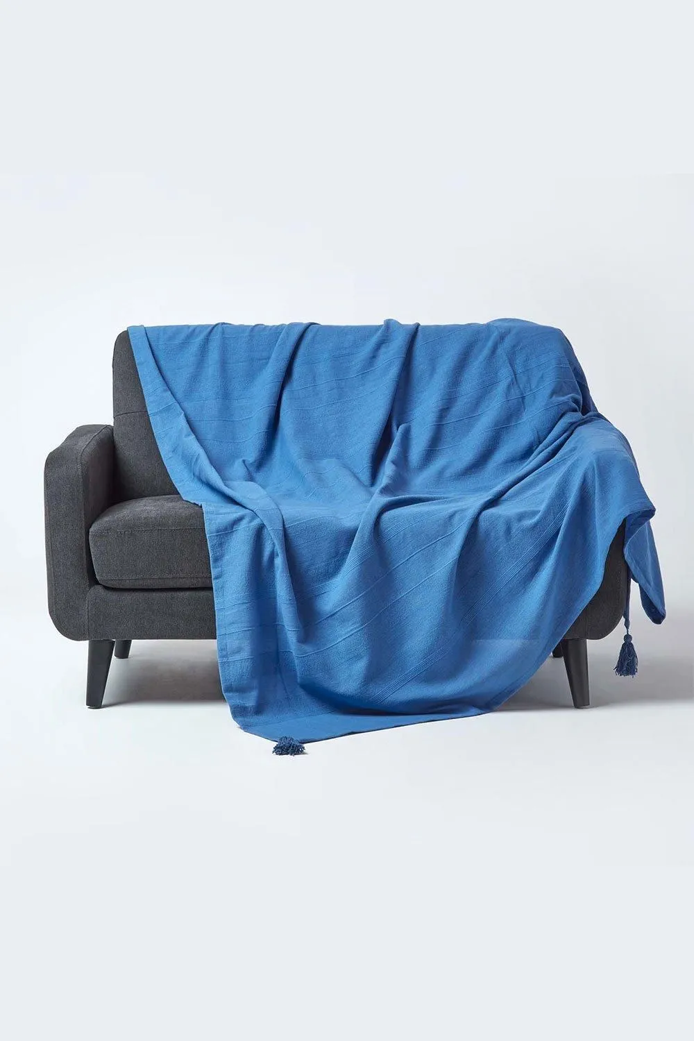 Homescapes Cotton Rajput Ribbed Throw in Blue