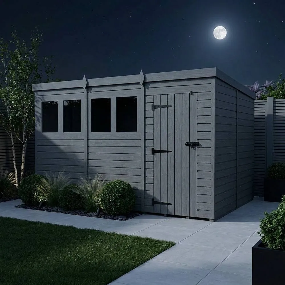 Buttercup Farm 12ft x 10ft Composite Pent Garden Shed Single Door With Windows in Grey 3