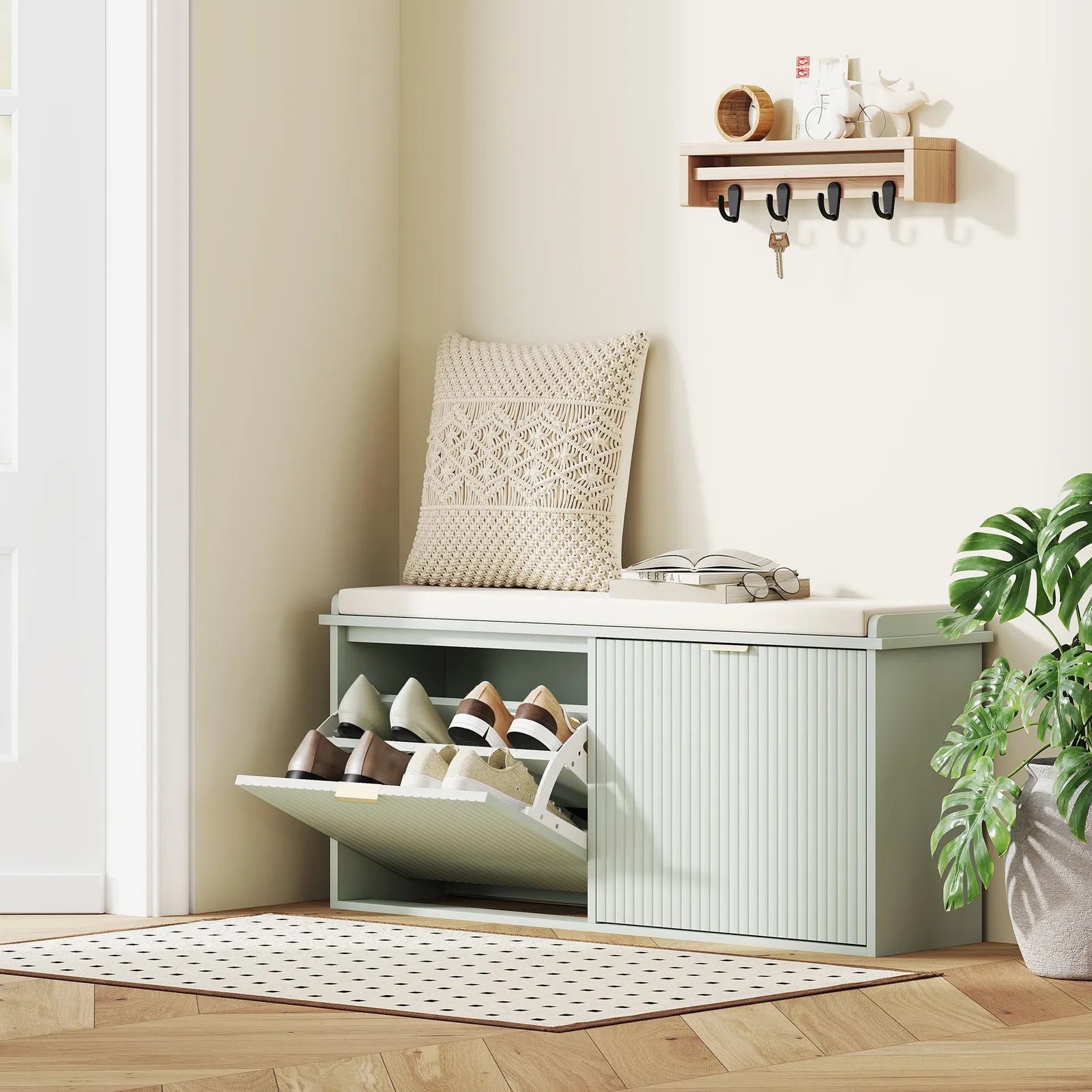 HOMCOM Shoe Storage Bench with Cushion & Flip-Drawer 104x26x47.5cm in Green