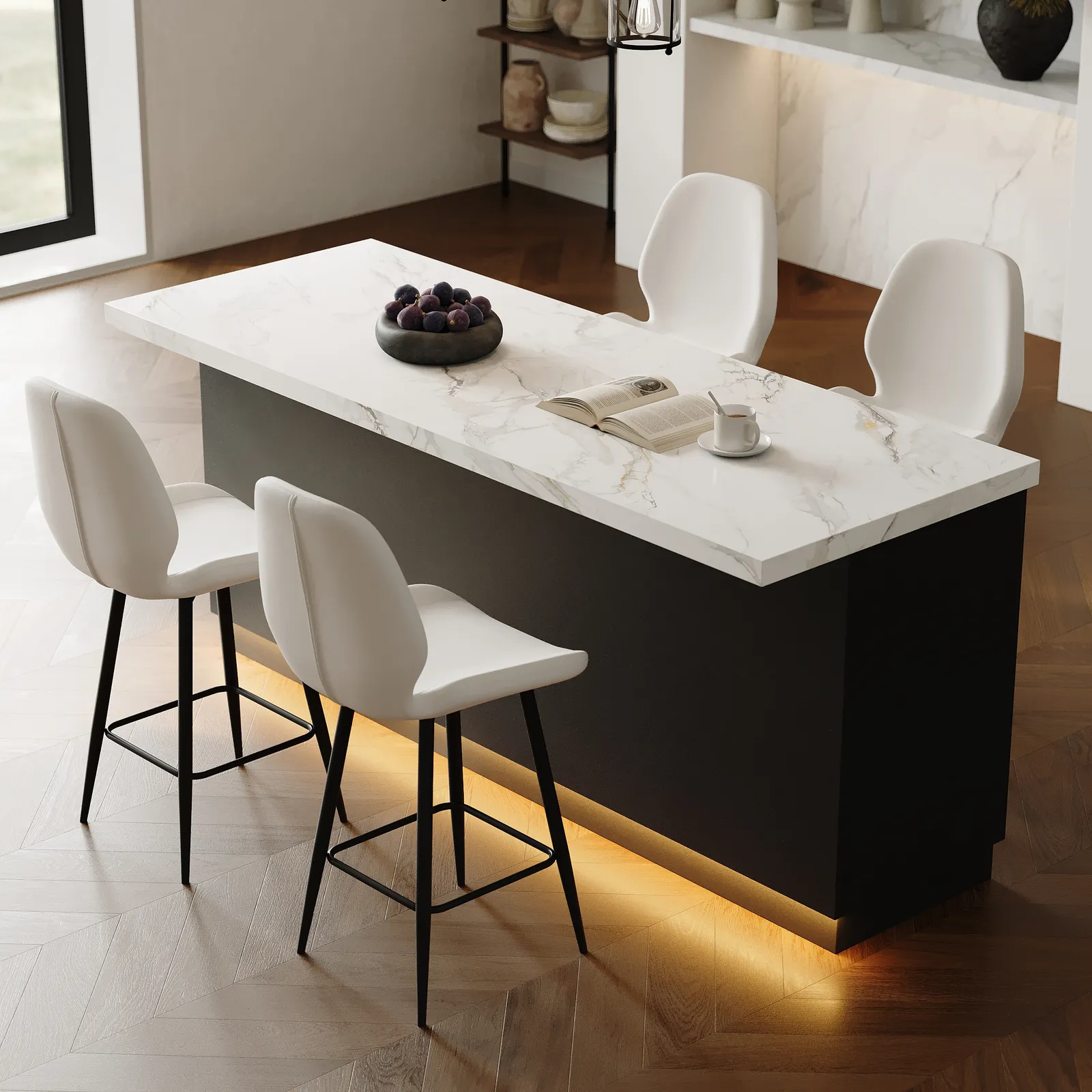 180 cm Japandi Kitchen lsland  White Wooden Storage Kitchen Cabinet with Light