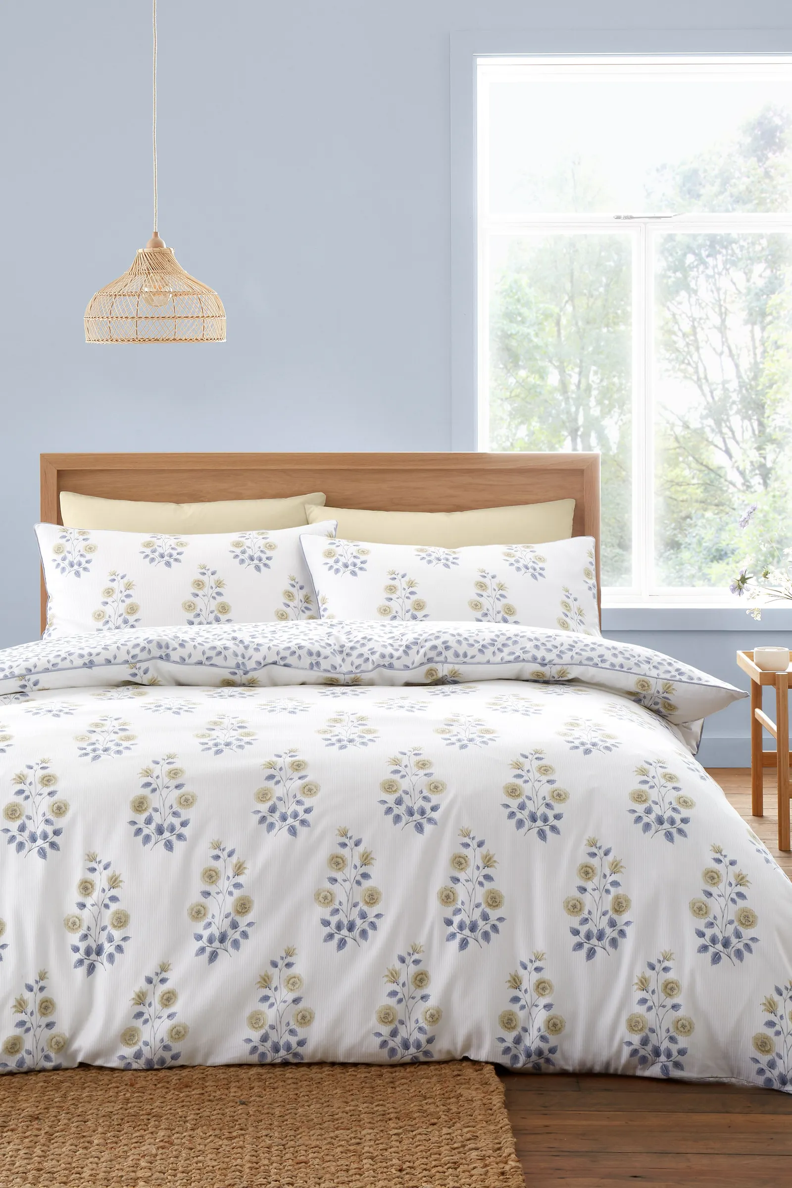 Bianca 'Eloise Floral' 230 Thread Count Cotton Satin Stripe Duvet Cover Set in Blue