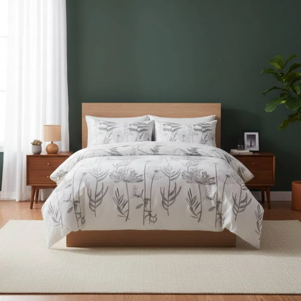 Snug City Dandelion Floral Botanical Bedding Duvet Cover & Pillowcase Set in White