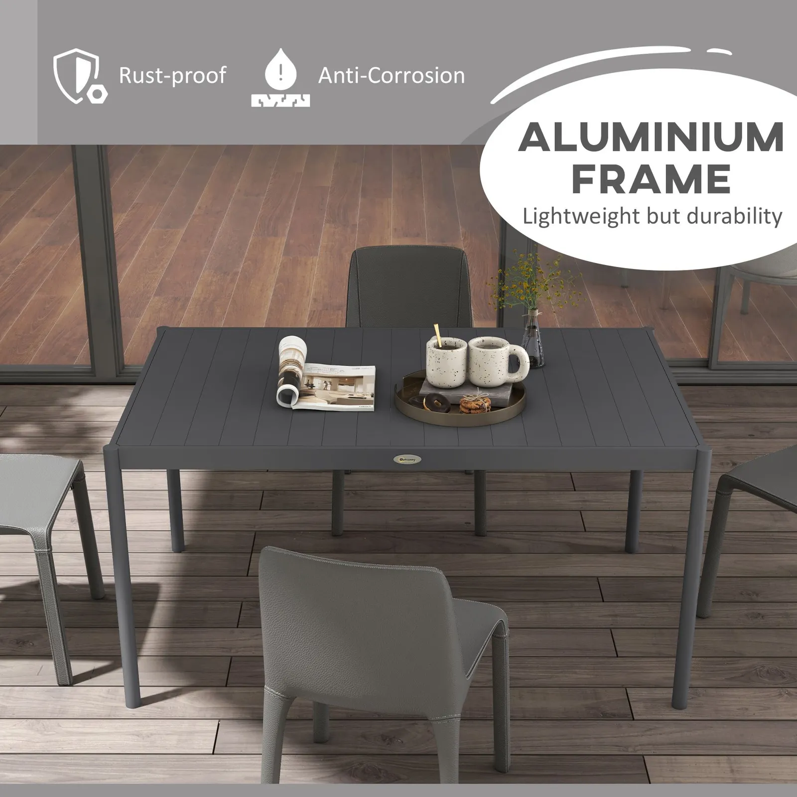 OUTSUNNY 57" Garden Table with Aluminium Frame, Slatted Design in Dark Grey 4