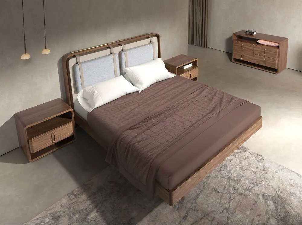 Angel Cerda Upholstered Bed in Beige & Grey Fabric 3
