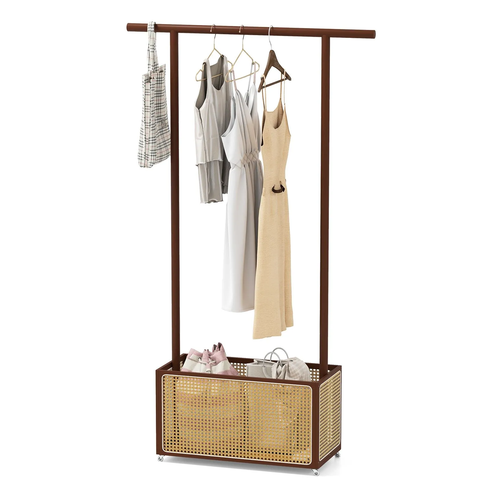 Costway Bamboo Clothes Rack Coat Hanger Stand with Rattan Storage Basket in Brown 1
