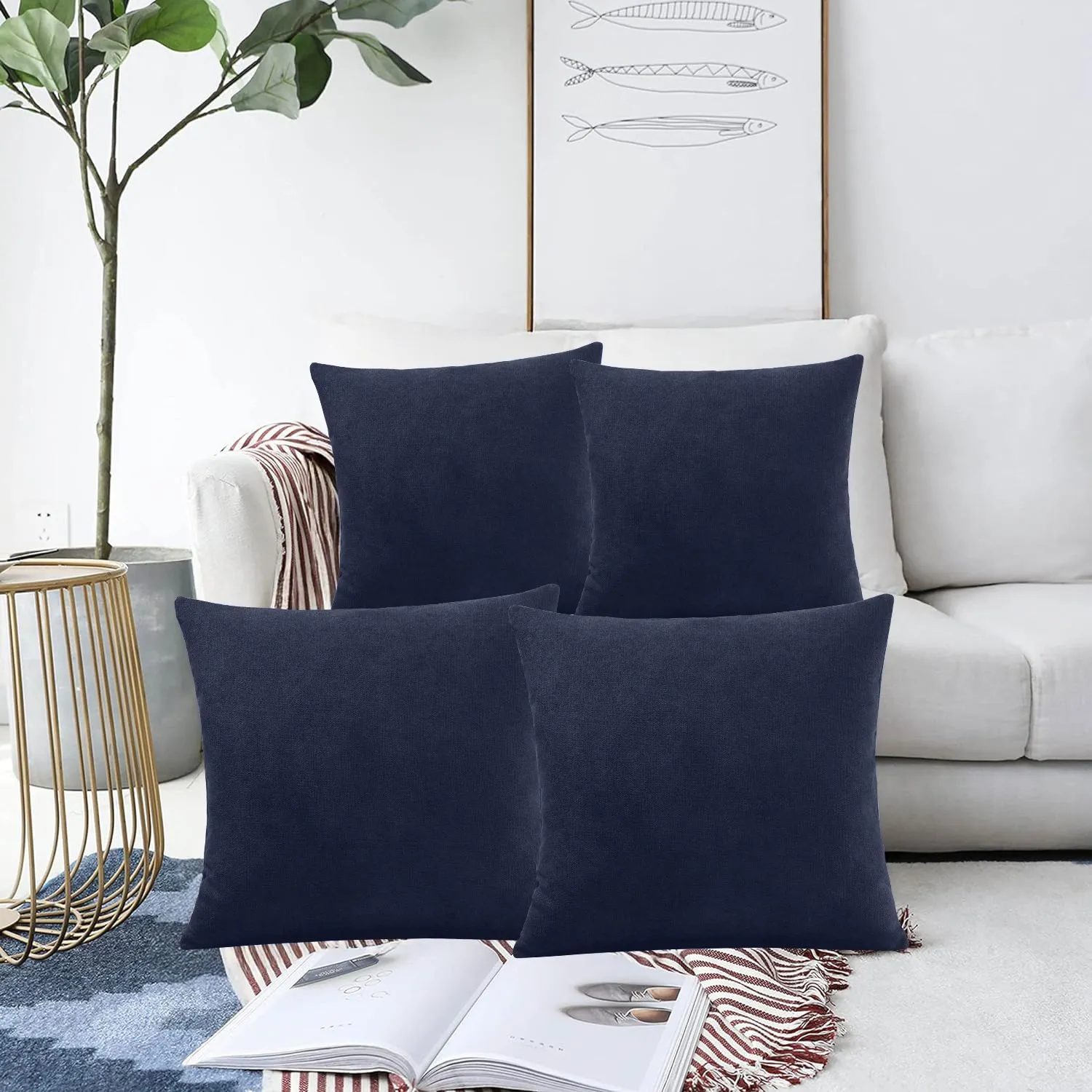 Luxury Living Set of 4 Velvet Chenille Cushions 45cm x 45cm with Removable Covers & Plush Pads - Soft, Stylish Home Décor