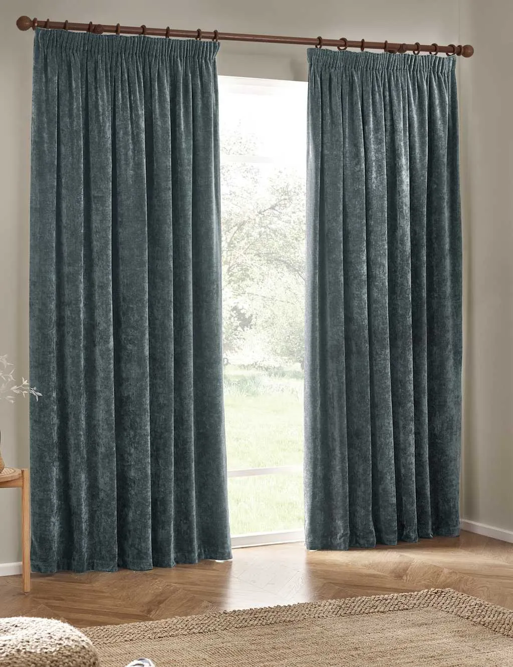 YARD Chenille Velvet Pencil Pleat Curtains Blue