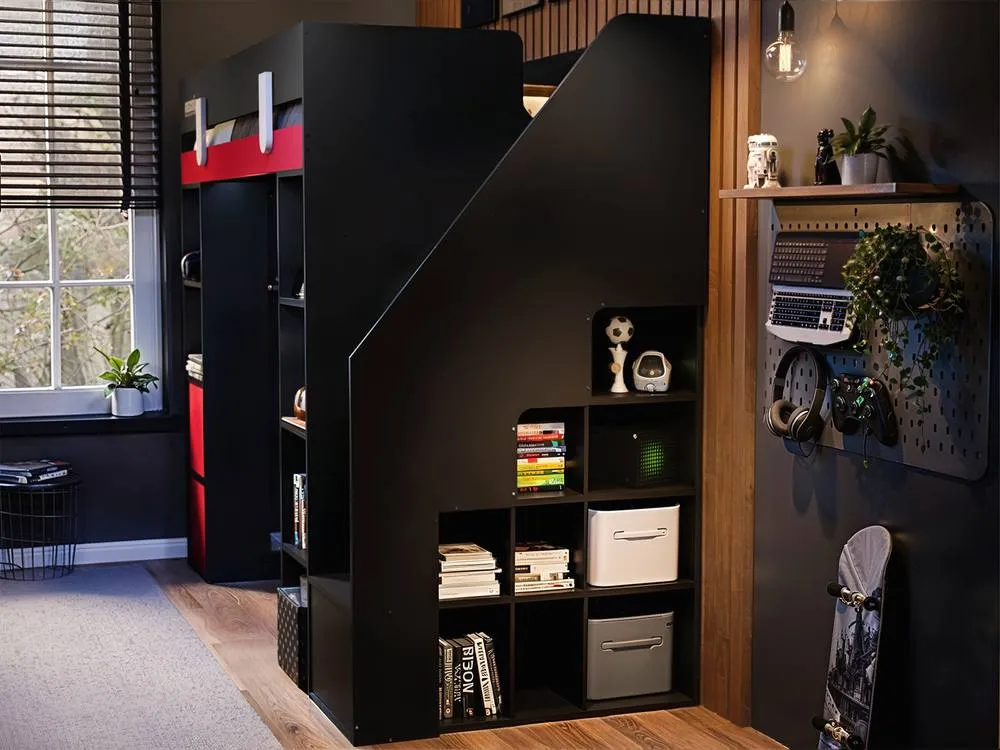Flair Blaze Staircase Gaming High Sleeper with Storage Black & Red 2