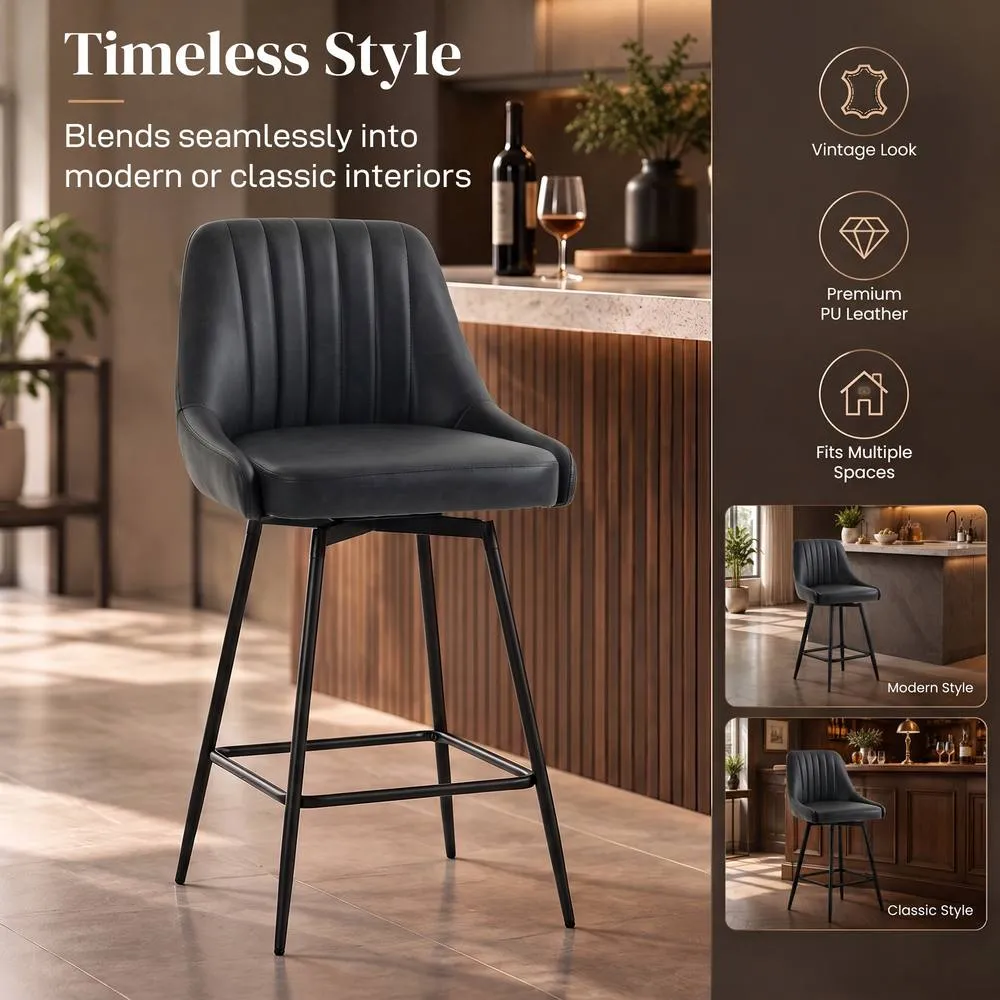HOMCOM Vintage Bar Stools Set of 2, PU Leather, Footrest, Dark Grey 4