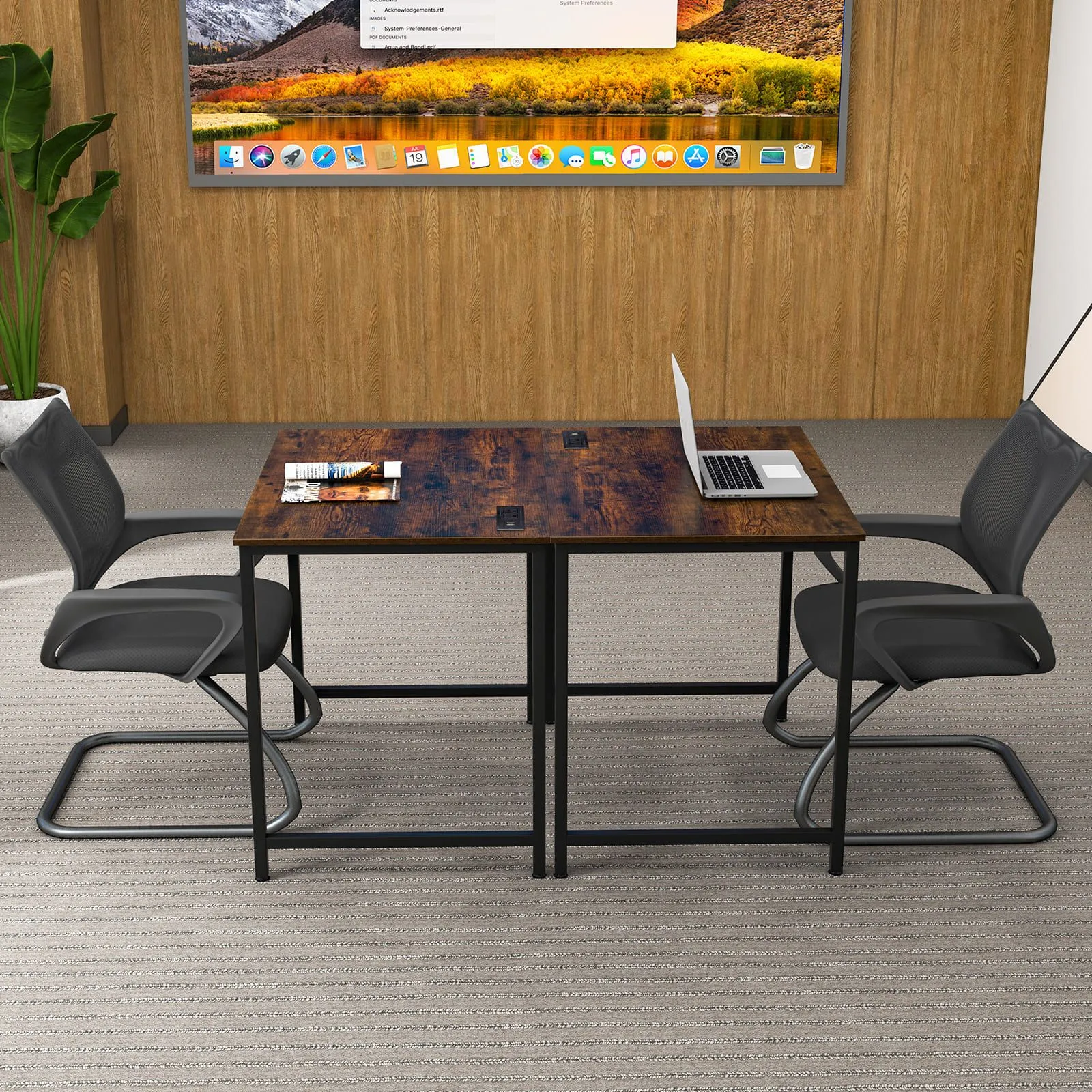 Costway Computer Desk Small Home Office Desk w/ Charging Station in Brown 6