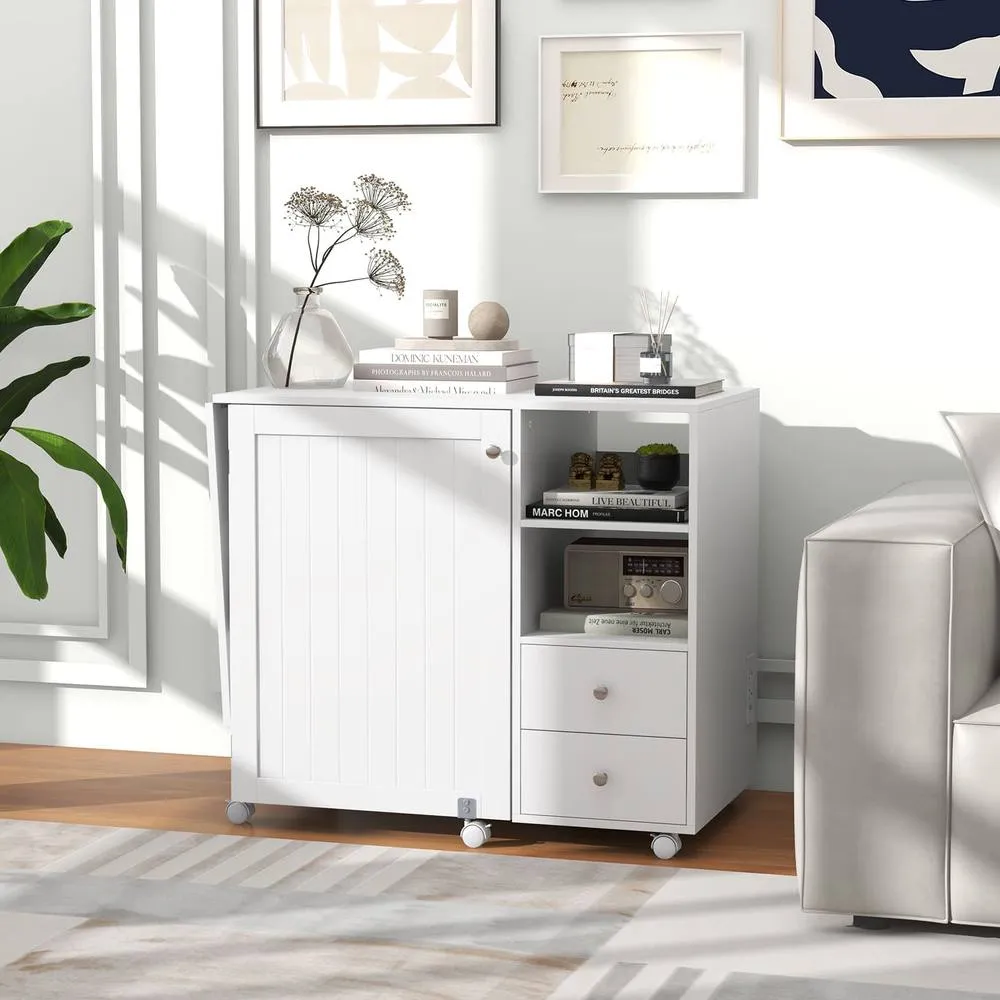 Costway Folding Sewing Table w/Charging Station Sewing Machine Cart Table-White in White 3