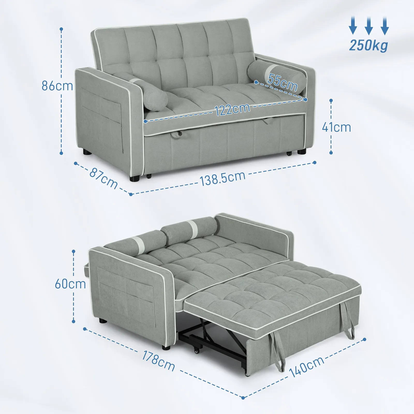 HOMCOM 2 Seater Pull Out Sofa Bed with Adjustable Backrest in Light Grey 3