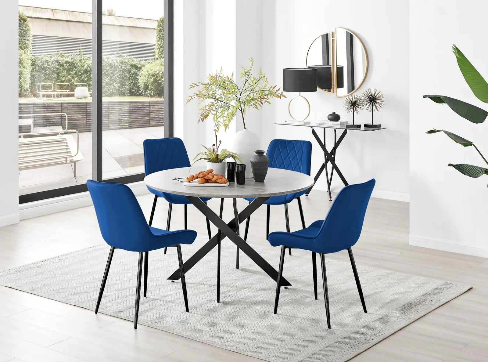 FurnitureboxUK Novara Grey Concrete Effect Black Leg 120cm Round Dining Table & 4 Pesaro Black Leg Chairs in Navy 1