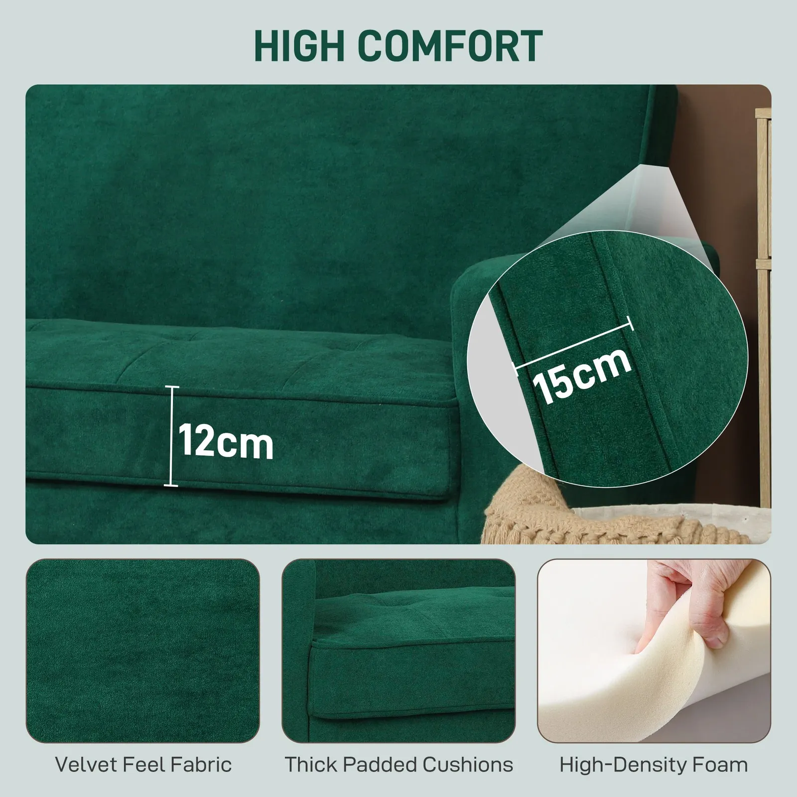 HOMCOM 2 Seater Sofa, Velvet Upholstered Loveseat for Small Space in Green 4