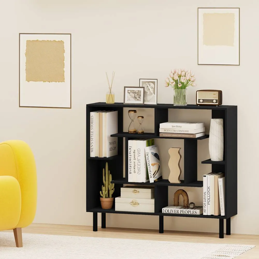 Costway Modern Geometric Bookcase Wooden Open Bookshelf Display Shelves in Black 4