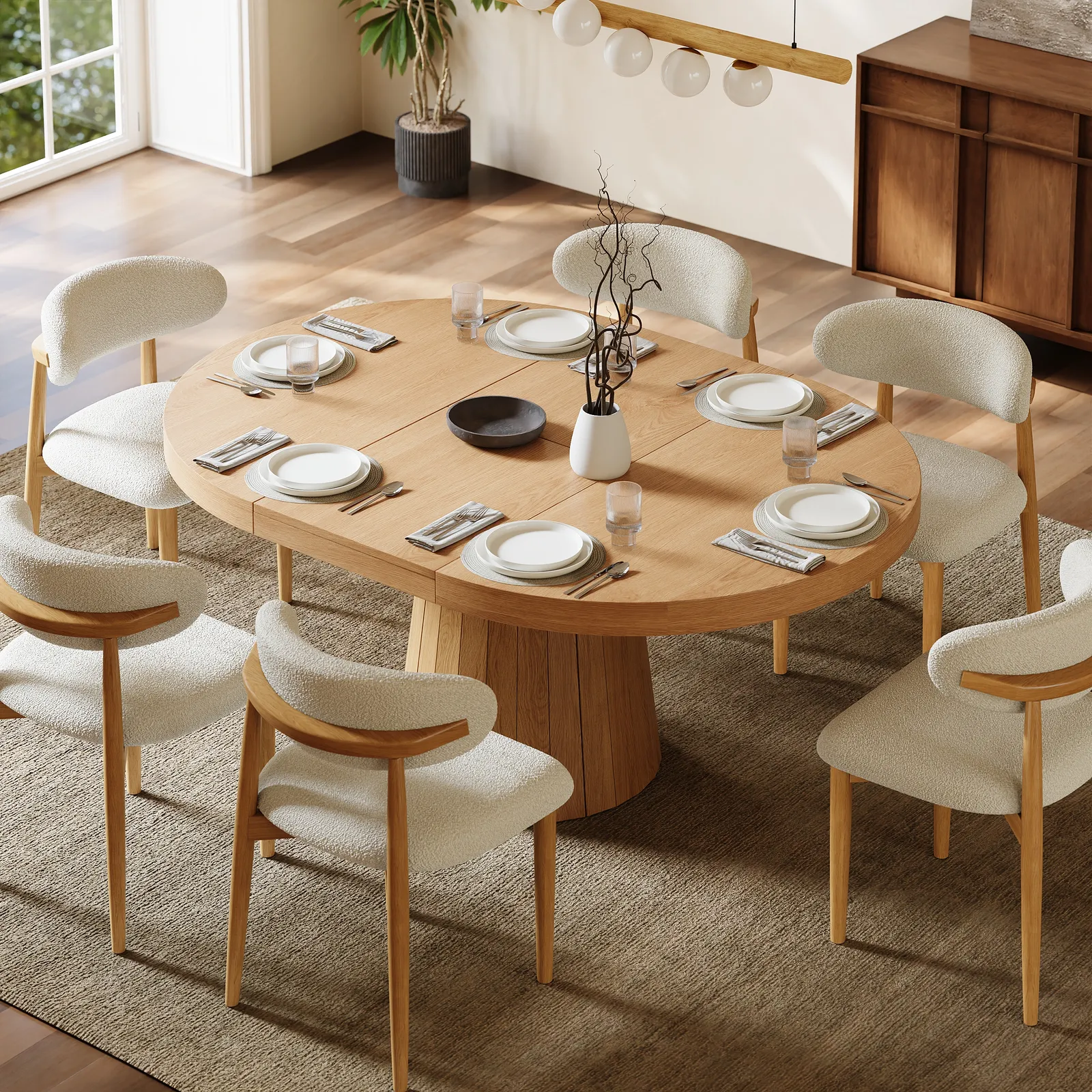 39"-55" Oval & Round Dining Table Extendable Solid Wood for 4-6 Japandi Natural Kitchen Table