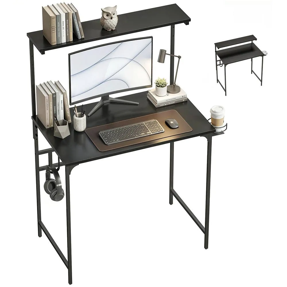 HOMCOM Computer Desk, 80cm Home Office Study Table with Hutch Shelf in Black 2