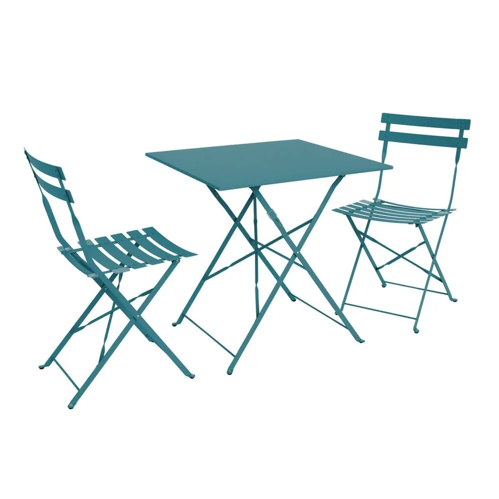 sweeek Square 2-seater folding metal bistro garden table with 2 chairs in Teal 2