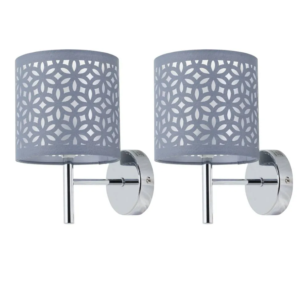 First Choice Lighting Set of 2 Brea - Chrome Wall Lights with Grey Cut Out Shade in Silver
