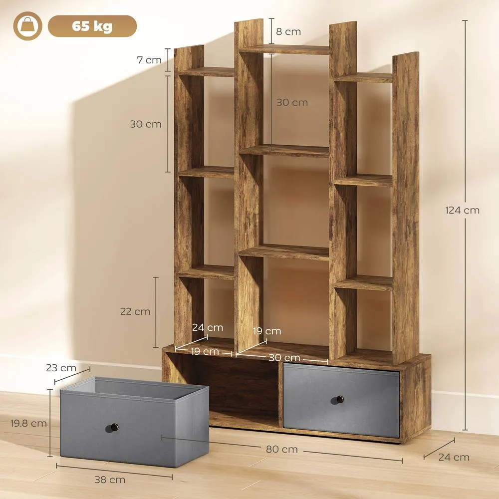 HOMCOM 12-Tier Bookshelf, Bookcase w/ 2 Folding Drawer, Rustic Brown 3