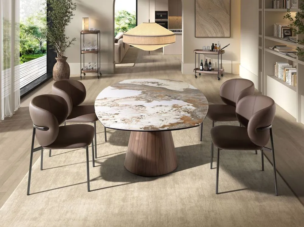 Angel Cerda Oval Extendable Dining Table with Porcelain-Marble Top & Walnut Legs in White 4