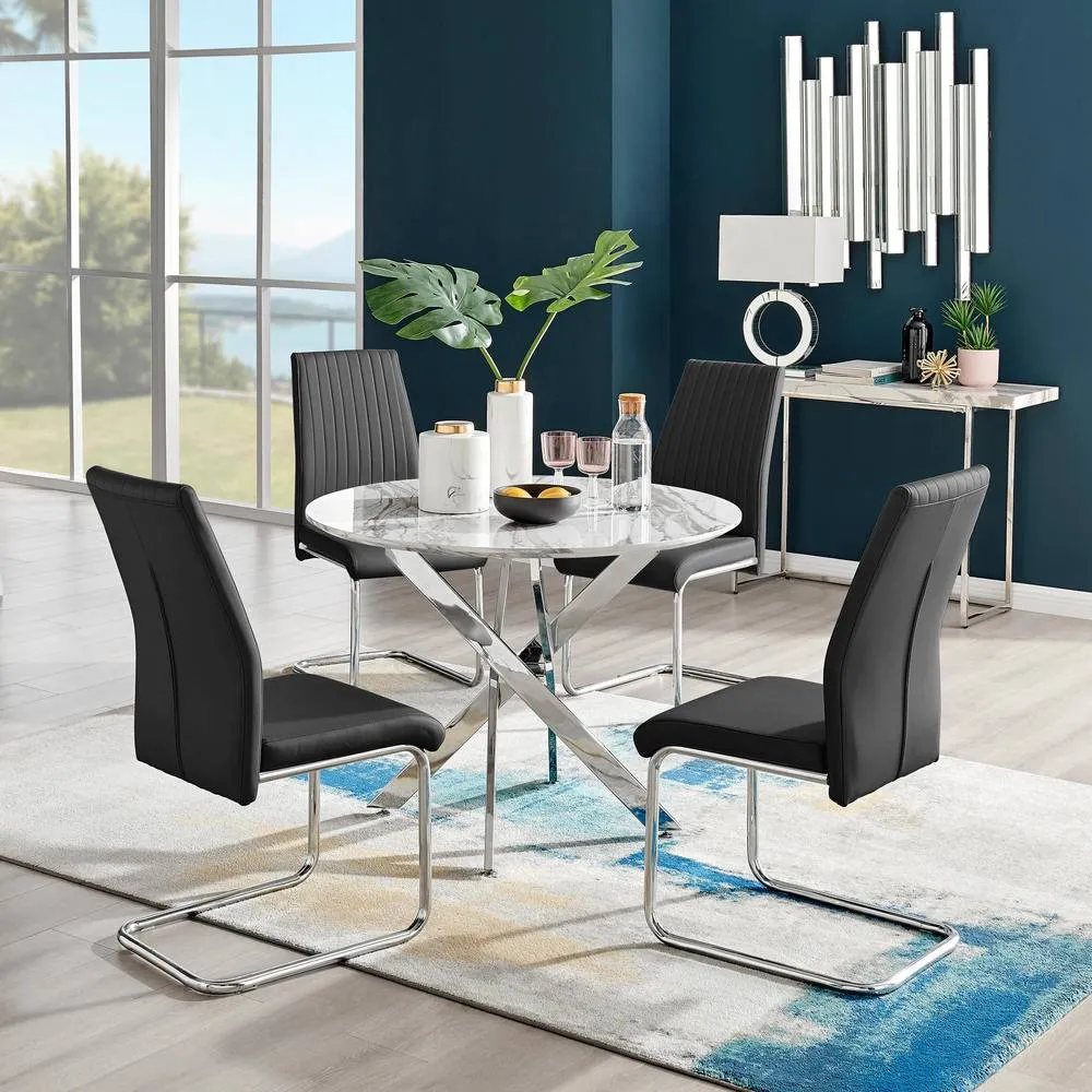 FurnitureboxUK Novara White Marble Round Dining Table & 4 Lorenzo Chairs in Black