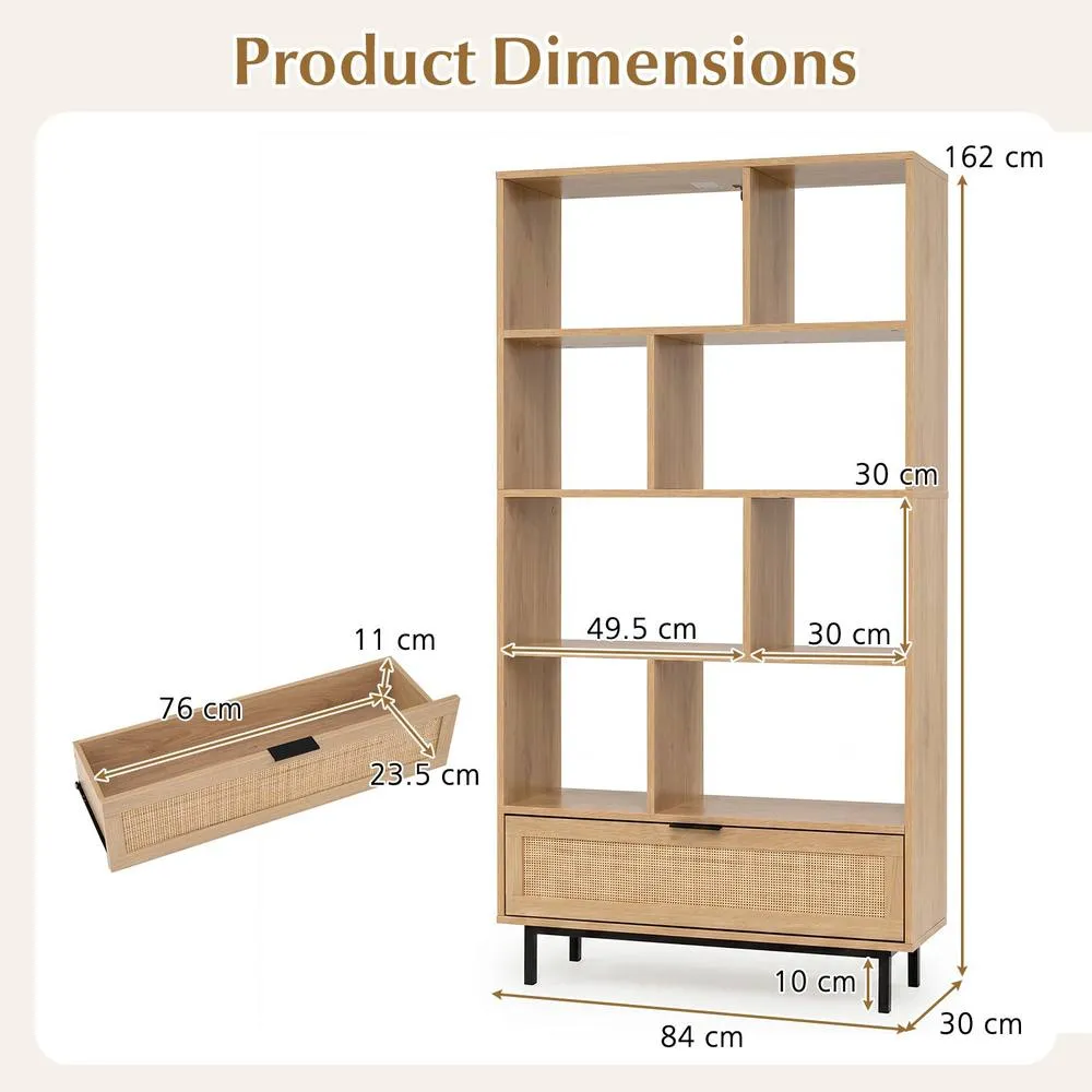 Costway 162cm Tall Wooden Bookcase 6-Tier Bookshelf w/8 Cubes & Rattan Drawer in Natural 2