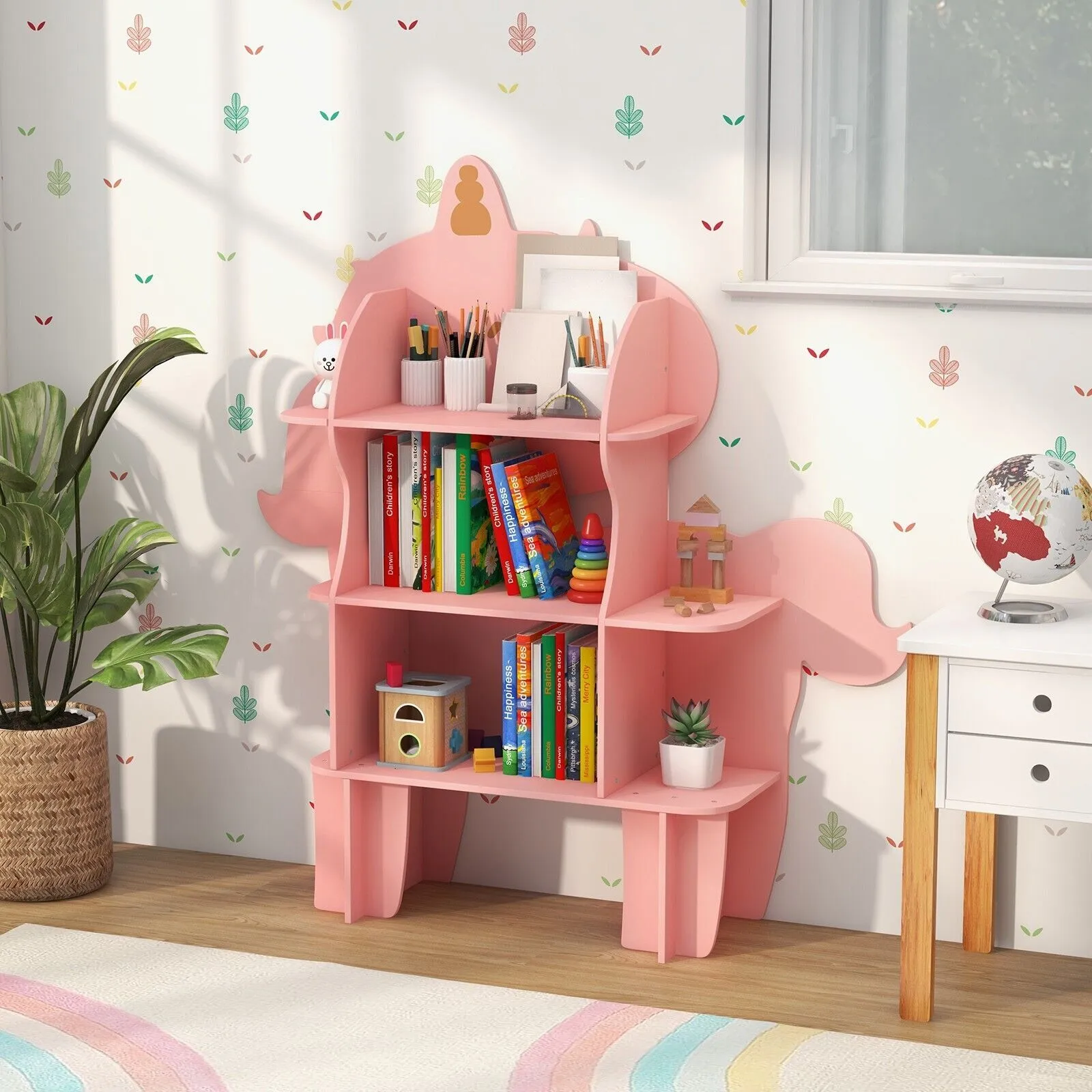 Costway Unicorn Bookcase 3-Tier Toy Storage Organizer Wooden Bookshelf in Pink 3