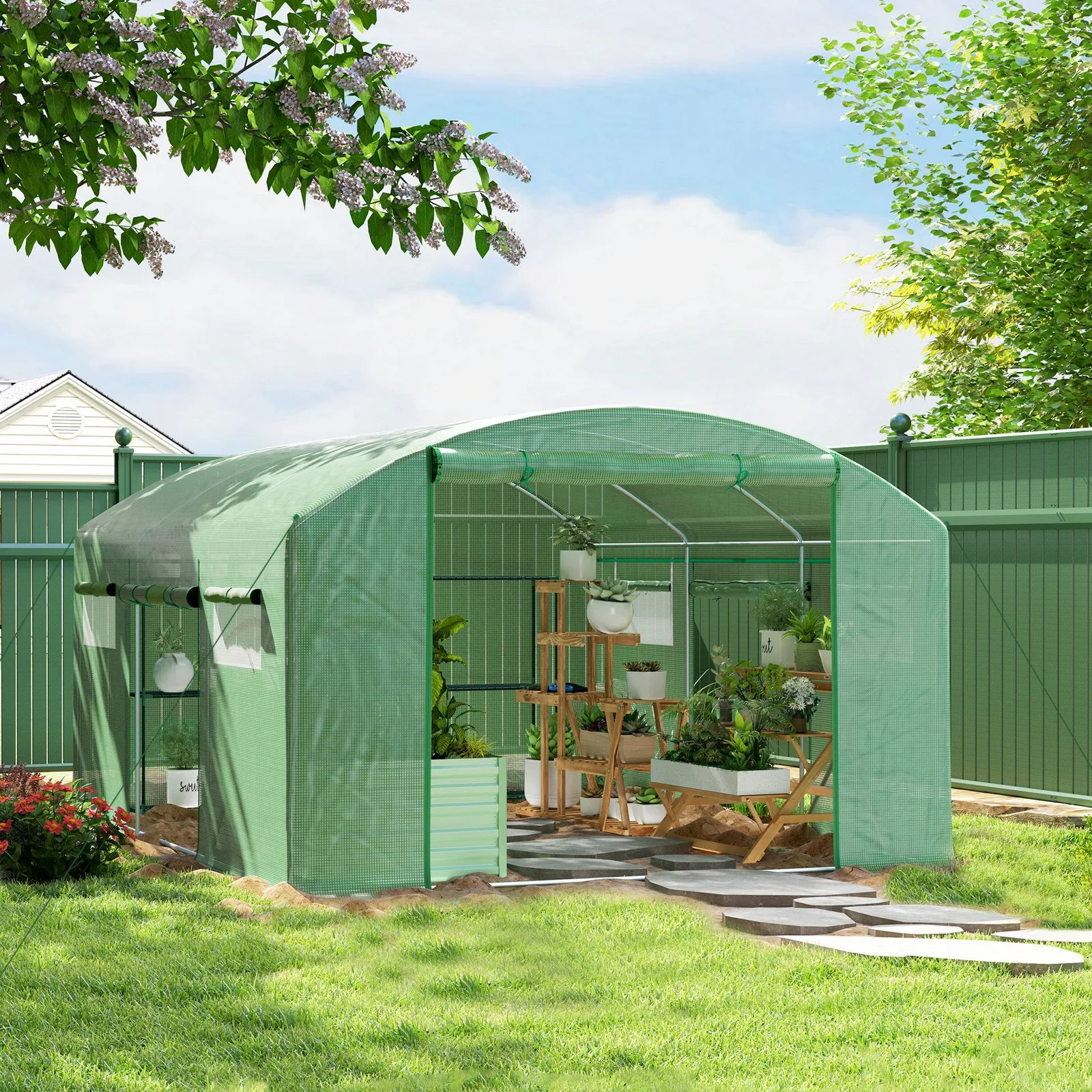 OUTSUNNY Polytunnel Greenhouse with 3 Roll-up Doors, 4 x 3 x 2m, Green