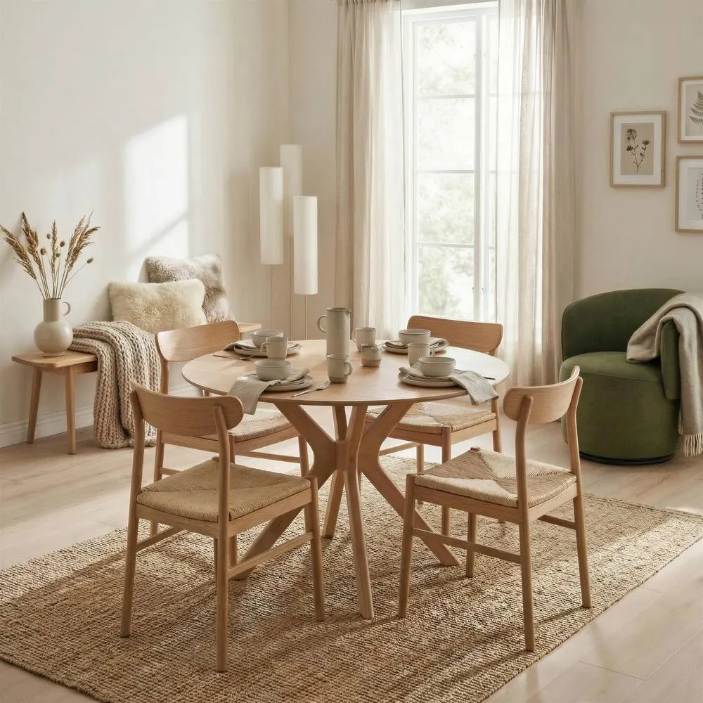 FurnitureboxUK Mette Round Oak Veneer Dining Table 4 Oak Bonnie Chairs in Brown