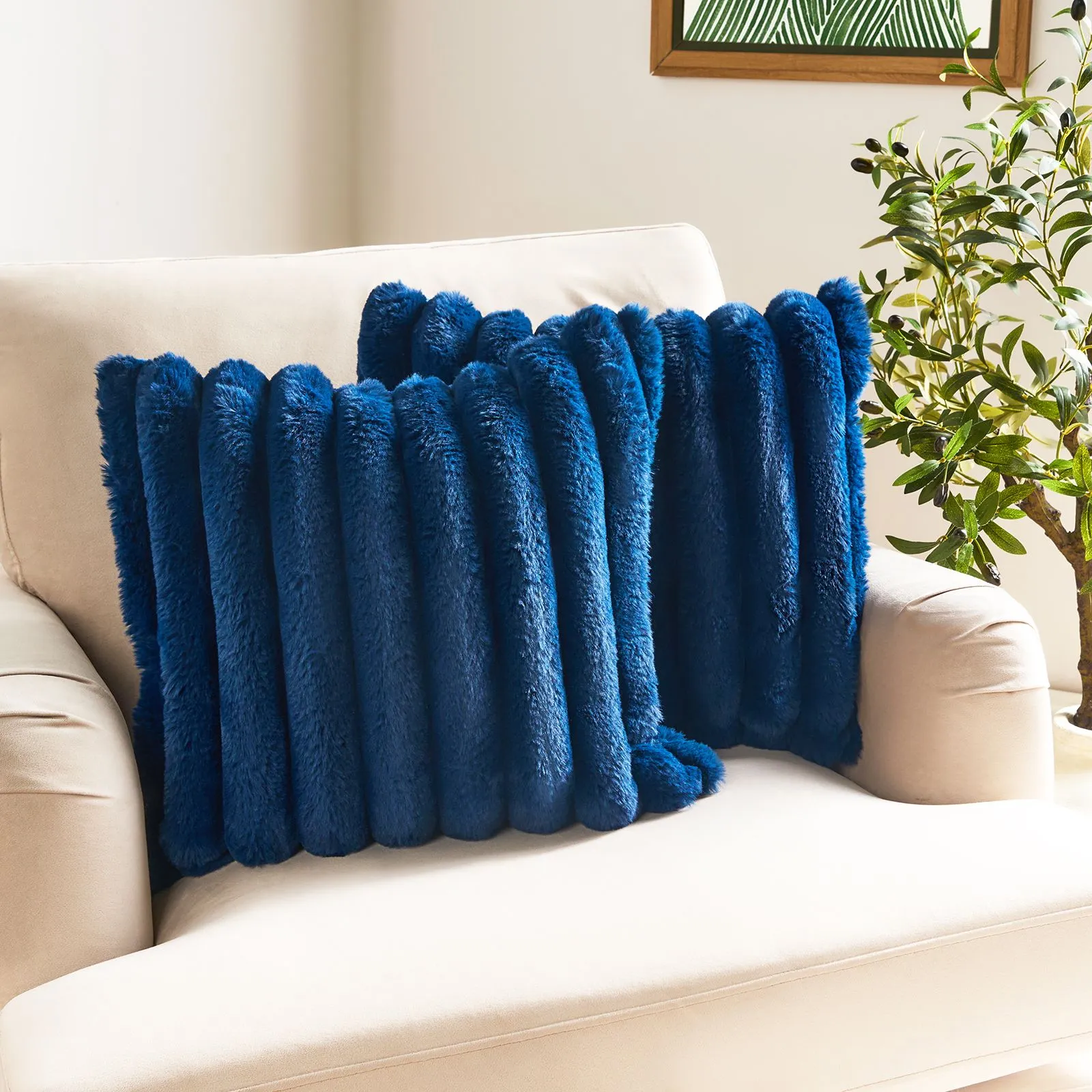 OHS 2 Pack Jumbo Soft Faux Fur Ribbed Decorative Square Cushion Covers in Navy