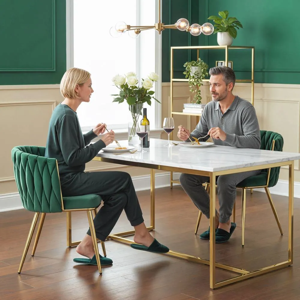 HOMCOM Upholstered Kitchen Chairs Set of 2 with Woven Backrest in Dark Green 1