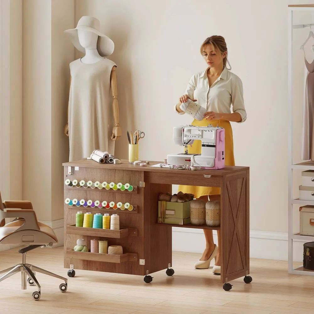 HOMCOM Folding Sewing Table, Craft Table with Storage compartments, Brown 2