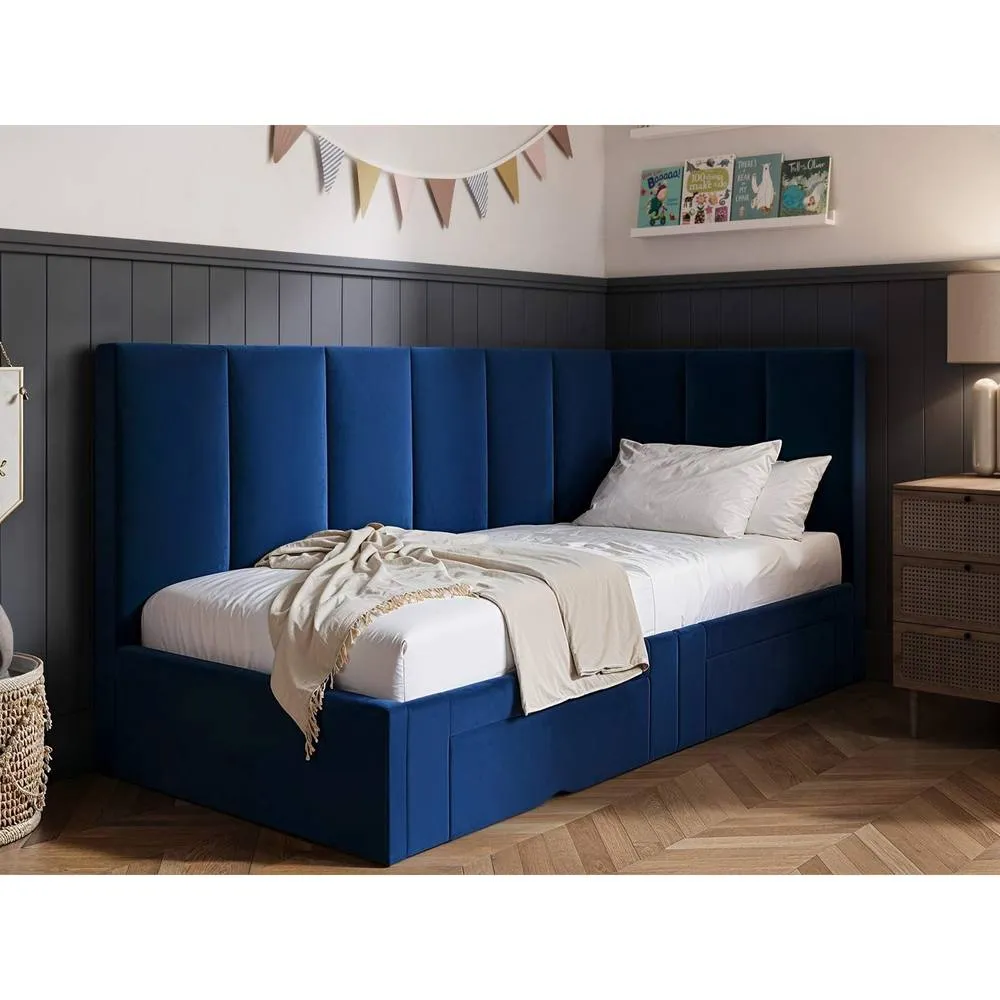 Flair Harley Corner Fabric Bed Frame with Storage Drawers in Blue 1