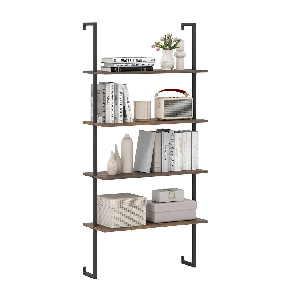 Costway 4-Tier Wall-Mounted Bookshelf Floating Display Shelves Wooden Bookcase in Brown