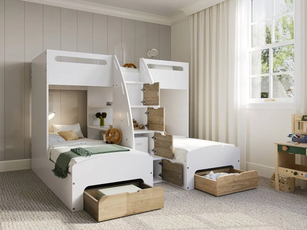 Flair Eddie Staircase Triple Bunk Bed with Storage in White 2