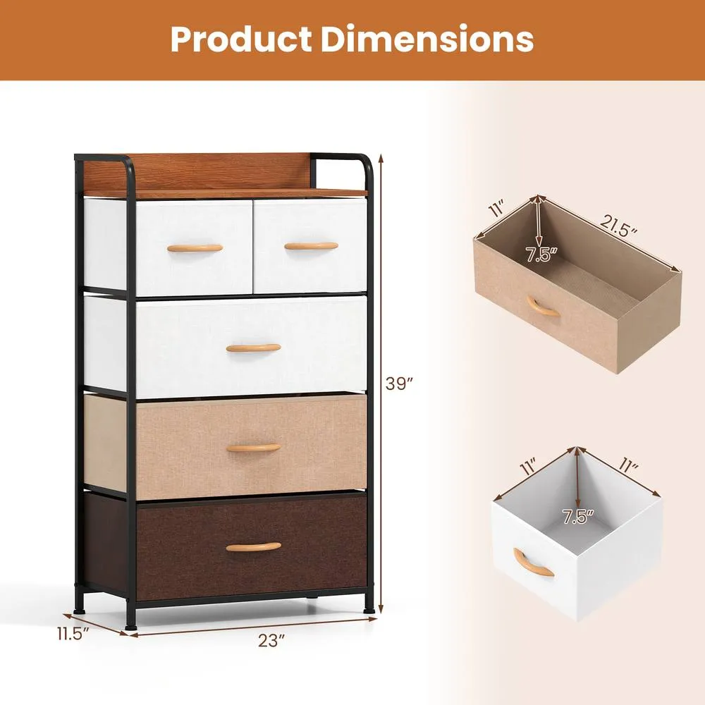 Costway 5-Drawer Fabric Dresser Tall Narrow Storage Tower Organizer With Metal Frame in Brown 2