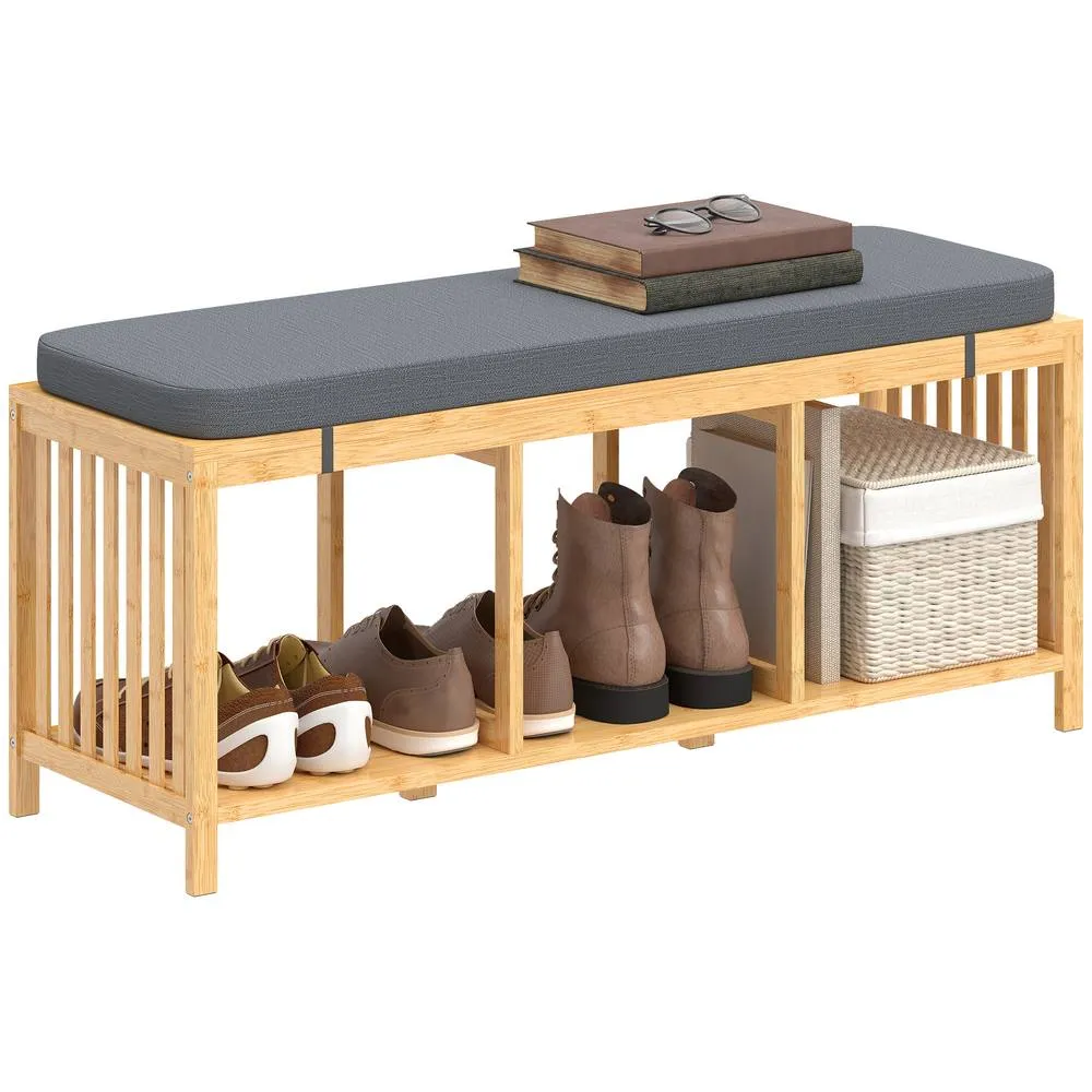 HOMCOM Shoe Rack with Seat, Bamboo Storage Bench, Natural Wood Finish 2