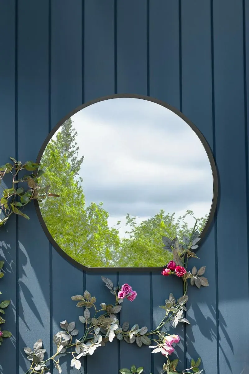 MirrorOutlet Black Framed Flat Bottom Circular Garden Wall Mirror (84CM X 80CM)