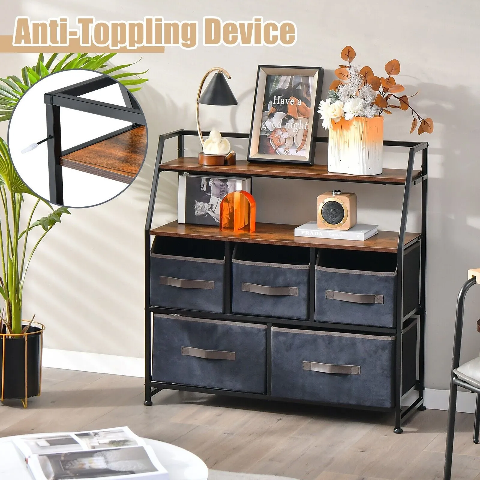Costway Industrial 5 Drawers Dresser Organizer Fabric Storage Organizer Chest of Drawers in Brown 3