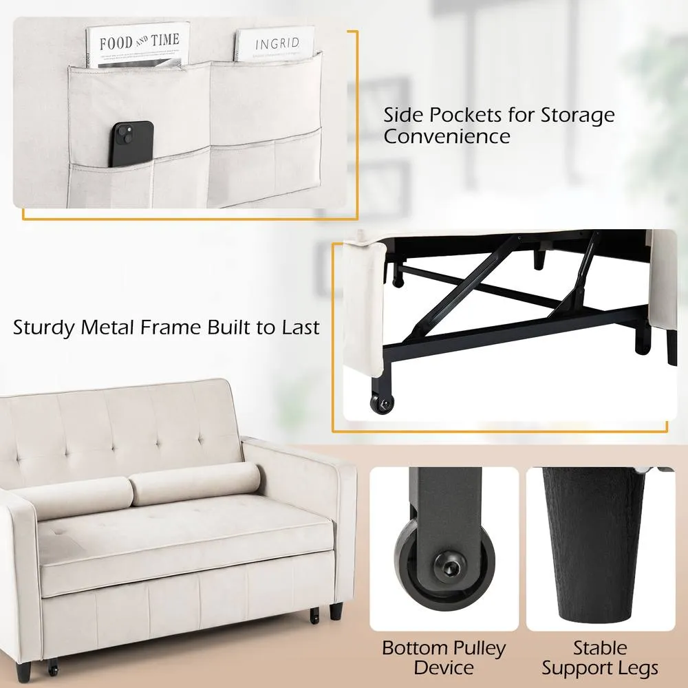 Costway 3-in-1 Convertible Sleeper Sofa Bed Pull Out Velvet Couch Bed-Beige in Beige 4